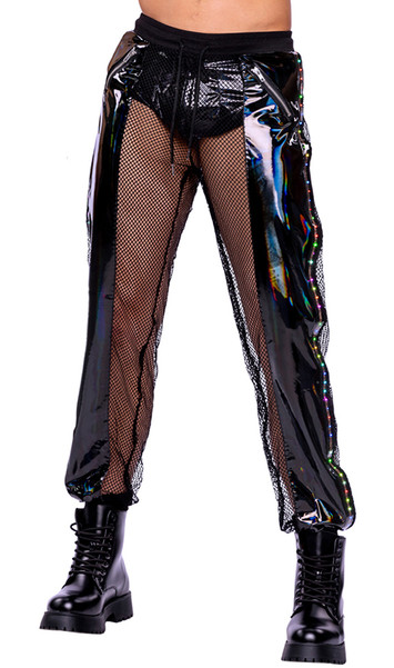 Vinyl and fishnet joggers feature light up strips down each leg, elastic waist and drawstring closure.