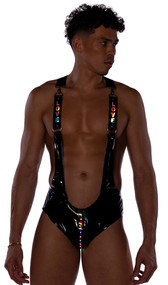 Vinyl singlet features light up LOVE straps with D ring accents and snap hook closures, light up pouch, and elastic suspender style back straps with large O ring accent.