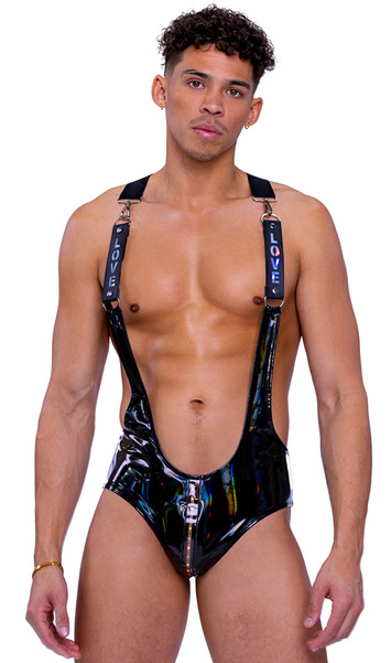 Vinyl singlet features light up LOVE straps with D ring accents and snap hook closures, light up pouch, and elastic suspender style back straps with large O ring accent.