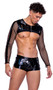 Vinyl with iridescent print long sleeve crop top features sheer fishnet sleeves, wide elastic band for a comfortable fit, and front zipper closure.