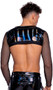 Vinyl with iridescent print long sleeve crop top features sheer fishnet sleeves, wide elastic band for a comfortable fit, and front zipper closure.