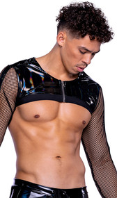 Vinyl with iridescent print long sleeve crop top features sheer fishnet sleeves, wide elastic band for a comfortable fit, and front zipper closure.