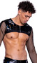 Vinyl with iridescent print long sleeve crop top features sheer fishnet sleeves, wide elastic band for a comfortable fit, and front zipper closure.