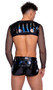 Vinyl with iridescent print runner shorts with drawstring closure.