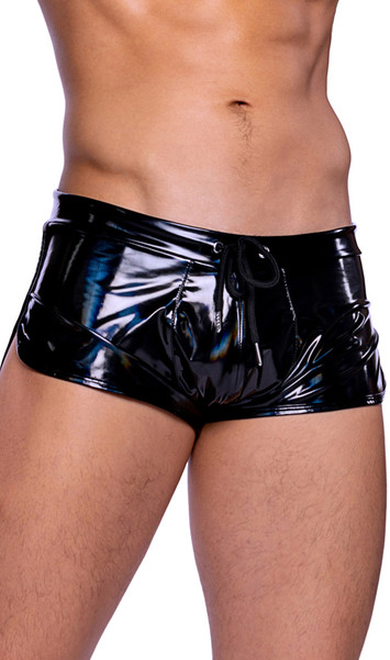 Vinyl with iridescent print runner shorts with drawstring closure.