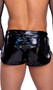 Vinyl with iridescent print runner shorts with drawstring closure.