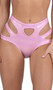 Metallic iridescent shorts feature high waist, front keyhole and side cut outs.