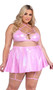 Metallic iridescent bikini style top features criss cross front straps with rhinestone detail, O ring accents, double shoulder straps, halter neck with tie closure, spaghetti shoulder straps, and wide band with swan hook closure.
