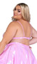 Metallic iridescent bikini style top features criss cross front straps with rhinestone detail, O ring accents, double shoulder straps, halter neck with tie closure, spaghetti shoulder straps, and wide band with swan hook closure.