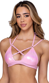 Metallic iridescent bikini style top features criss cross front straps with rhinestone detail, O ring accents, double shoulder straps, halter neck with tie closure, spaghetti shoulder straps, and wide band with swan hook closure.