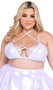 Metallic iridescent bikini style top features criss cross front straps with rhinestone detail, O ring accents, double shoulder straps, halter neck with tie closure, spaghetti shoulder straps, and wide band with swan hook closure.