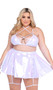Metallic iridescent bikini style top features criss cross front straps with rhinestone detail, O ring accents, double shoulder straps, halter neck with tie closure, spaghetti shoulder straps, and wide band with swan hook closure.