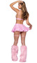 Metallic iridescent flared skirt features elastic waistband and attached leg garters with rhinestone straps.