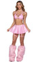 Metallic iridescent flared skirt features elastic waistband and attached leg garters with rhinestone straps.