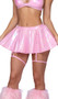 Metallic iridescent flared skirt features elastic waistband and attached leg garters with rhinestone straps.