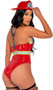 Playboy Firegirl costume includes sleeveless stretch vinyl bodysuit features reflective trim and front zipper closure. Matching belt with buckle closure and adjustable vinyl suspenders with Playboy Bunny logo buckles also included.  Helmet with Bunny logo also included. Three piece set.