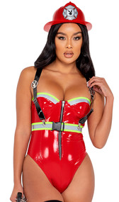 Playboy Firegirl costume includes sleeveless stretch vinyl bodysuit features reflective trim and front zipper closure. Matching belt with buckle closure and adjustable vinyl suspenders with Playboy Bunny logo buckles also included.  Helmet with Bunny logo also included. Three piece set.