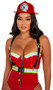 Playboy Firegirl costume includes sleeveless stretch vinyl bodysuit features reflective trim and front zipper closure. Matching belt with buckle closure and adjustable vinyl suspenders with Playboy Bunny logo buckles also included.  Helmet with Bunny logo also included. Three piece set.