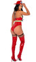 Playboy Firegirl costume includes sleeveless stretch vinyl bodysuit features reflective trim and front zipper closure. Matching belt with buckle closure and adjustable vinyl suspenders with Playboy Bunny logo buckles also included.  Helmet with Bunny logo also included. Three piece set.