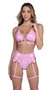 Metallic iridescent crop top features triangle cups, extra strap detail with bow accent, halter neck and tie back closure.