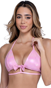 Metallic iridescent crop top features triangle cups, extra strap detail with bow accent, halter neck and tie back closure.