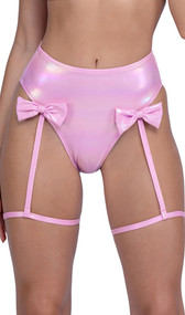 Metallic iridescent high waisted shorts feature attached leg garters, bows accents, high cut on the leg and cheeky cut back.