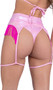 Metallic iridescent garter belt features fringe sides and heart shaped ring accent.