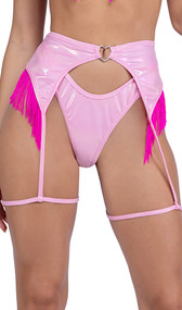 Metallic iridescent garter belt features fringe sides and heart shaped ring accent.