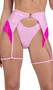 Metallic iridescent garter belt features fringe sides and heart shaped ring accent.