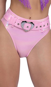 Metallic iridescent high waisted shorts feature matching belt with grommets and heart shaped buckle.