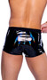 Iridescent print vinyl shorts feature elastic waistband with front studded detail.