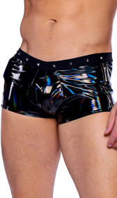 Iridescent print vinyl shorts feature elastic waistband with front studded detail.