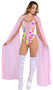 Sleeveless romper features shimmer multicolor fabric, sheer mesh panels, wide shoulder straps and O ring accents.