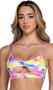 Sleeveless crop top features shimmer multicolor fabric, spaghetti straps and front keyhole cut out.