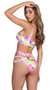 Shimmer multicolor shorts feature high waist, front keyhole and side cut outs.
