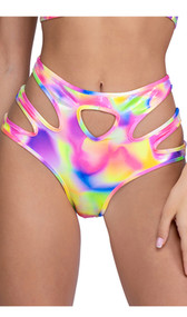 Shimmer multicolor shorts feature high waist, front keyhole and side cut outs.