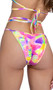 Bikini style bottoms feature shimmer multicolor fabric, criss cross straps that wrap around the back, O ring accents, and puckered back.
