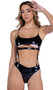 Vinyl romper features underboob cut out, chain accents on shoulder straps, open midsection, detachable bottom with snap hook closure, and thong cut back.