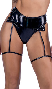 Vinyl high waisted shorts feature attached leg garters with bow accents and cheeky cut back.