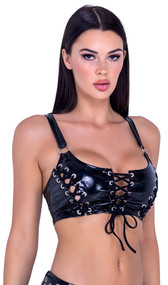 Vinyl crop top features lace up details with grommets, wide shoulder straps and O ring accents.