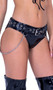 Vinyl low rise shorts with grommet belt and attached chain detail.