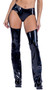 Vinyl shorts feature attached chaps with adjustable side buckle closures.