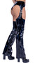 Vinyl shorts feature attached chaps with adjustable side buckle closures.