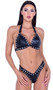 Faux leather bikini top features large studded trim, triangle cups, O ring accents, halter neck and swan hook back closure. Matching low rise bottoms with puckered back also included. Two piece set.