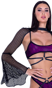 Fishnet long sleeve shrug features sheer flared bell sleeves and swan hook neck closure.
