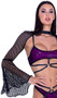 Fishnet long sleeve shrug features sheer flared bell sleeves and swan hook neck closure.
