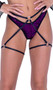 Fishnet bikini style shorts feature shimmer lining, attached strappy front detail, O ring accents, shimmer trim and leg straps.
