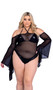 Sheer mesh romper features long bell sleeves, shimmer trim, cold shoulders and halter neck straps.