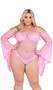 Sheer mesh romper features long bell sleeves, shimmer trim, cold shoulders and halter neck straps.
