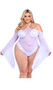 Sheer mesh romper features long bell sleeves, shimmer trim, cold shoulders and halter neck straps.